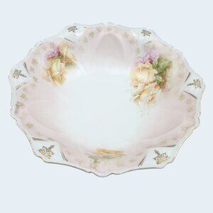 VTG RS Prussia Bowl Yellow Roses Gold Rim Signed Porcelain Germany 11" Spring